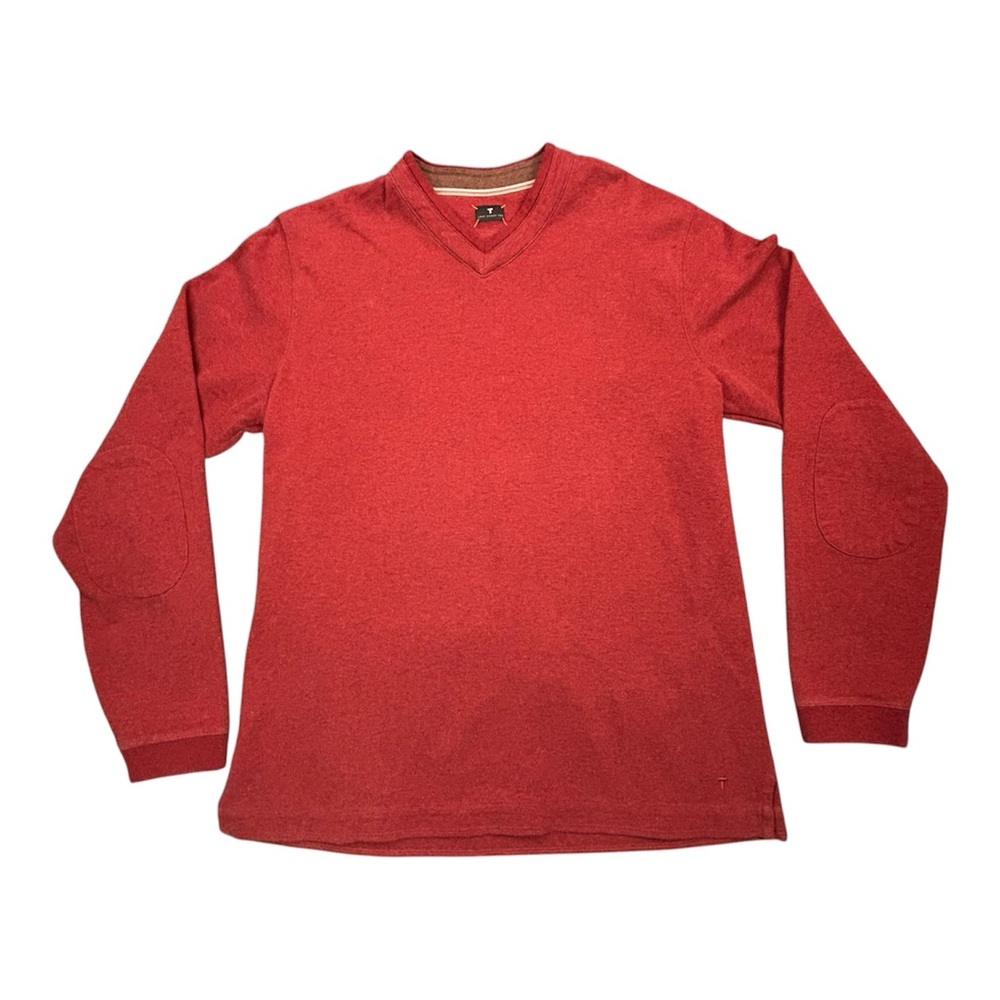 Left Coast Tee Pima Cotton V-Neck Sweater Red Elbow Patches Men's Size L Peru